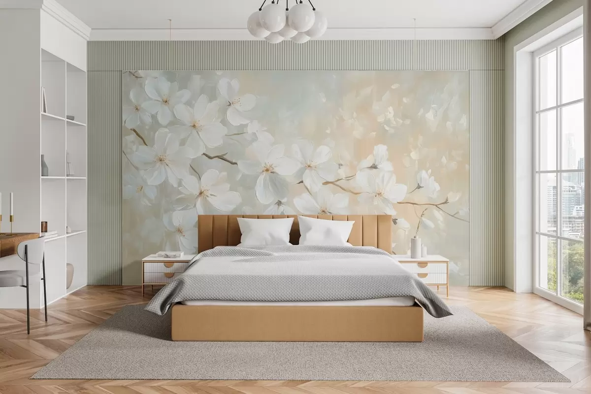 murales de pared delicada rama de albaricoque en flor en el estilo de la pintura al óleo en colores pastel w04029
