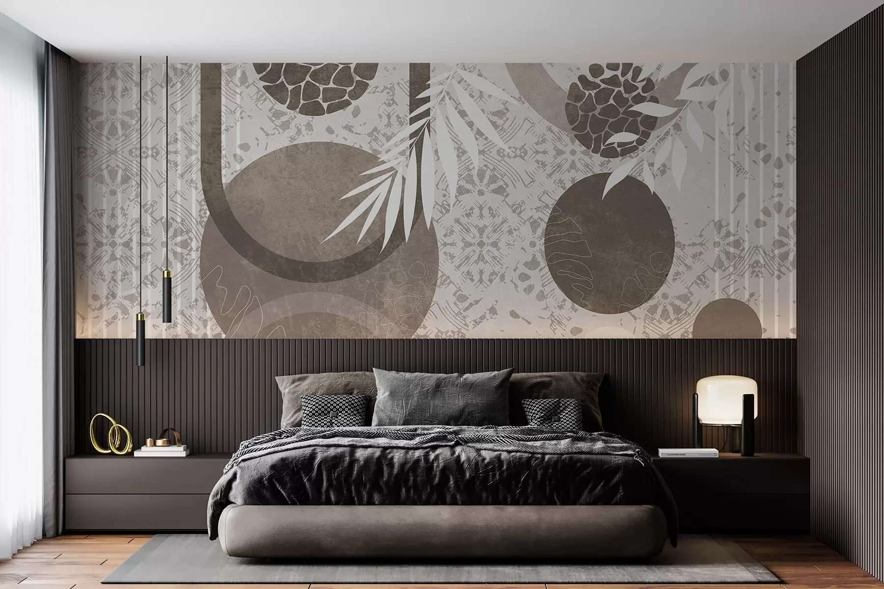murales de pared Formas geométricas abstractas texturadas en marrón y blanco, círculos, arcos y elementos botánicos, diseño moderno y minimalista w09130