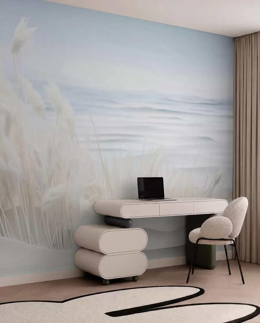 murales de pared Paisaje con hierba de pampa blanca sobre una duna de arena, con un océano azul claro de fondo, estilo suave y minimalista w09132