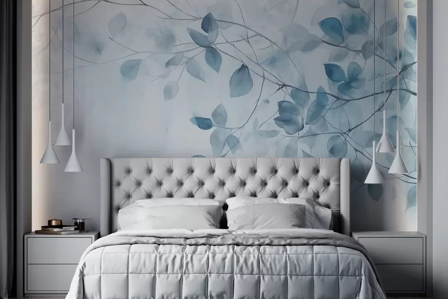 murales de pared Pintura en acuarela con textura imitando hojas y ramas azules, colores suaves, detalles delicados sobre fondo blanco w09133v1