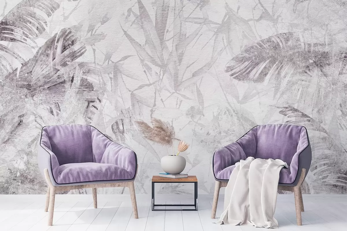 murales de pared Abstracción floral de estilo grunge con imitación de abrasión, tonos morados w03926v1