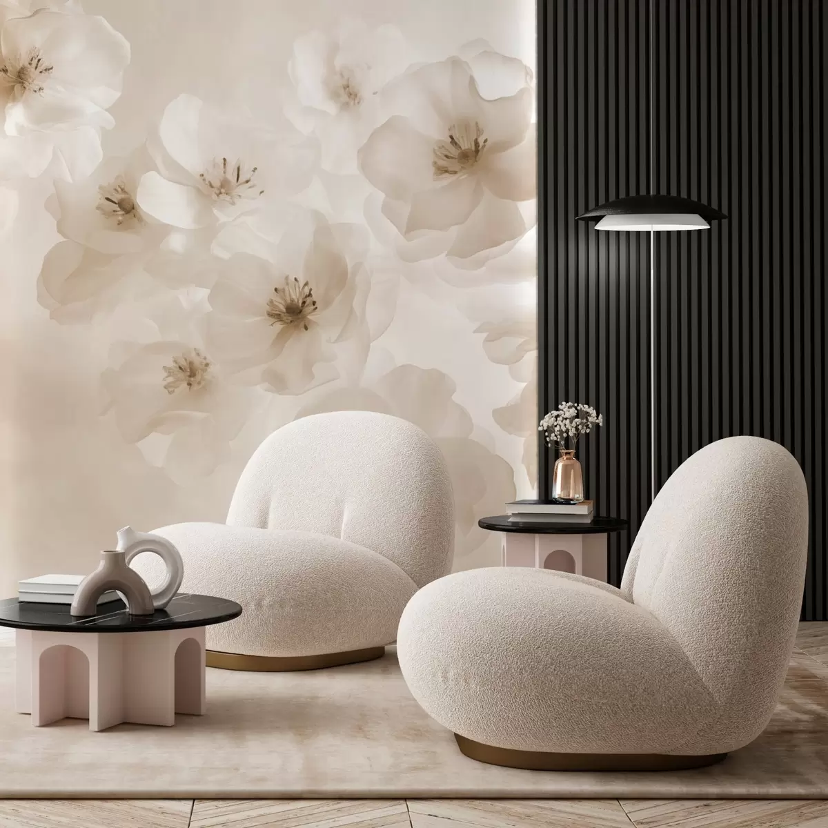 Murales de pared Delicadas flores grandes, tonos beige w03931v2 murales de pared Delicadas flores grandes, tonos beige w03931v2