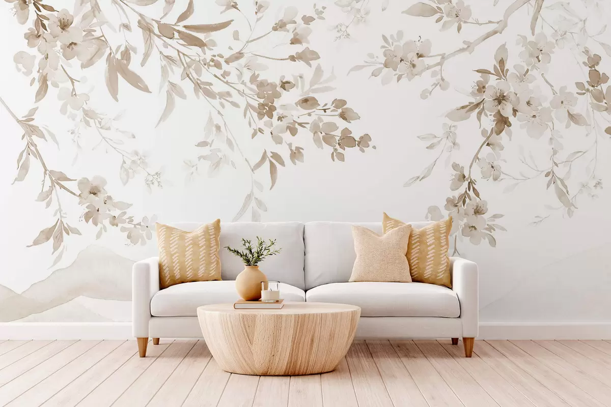 murales de pared Ramas floridas, imitación de acuarela, tonos beige w03935v2
