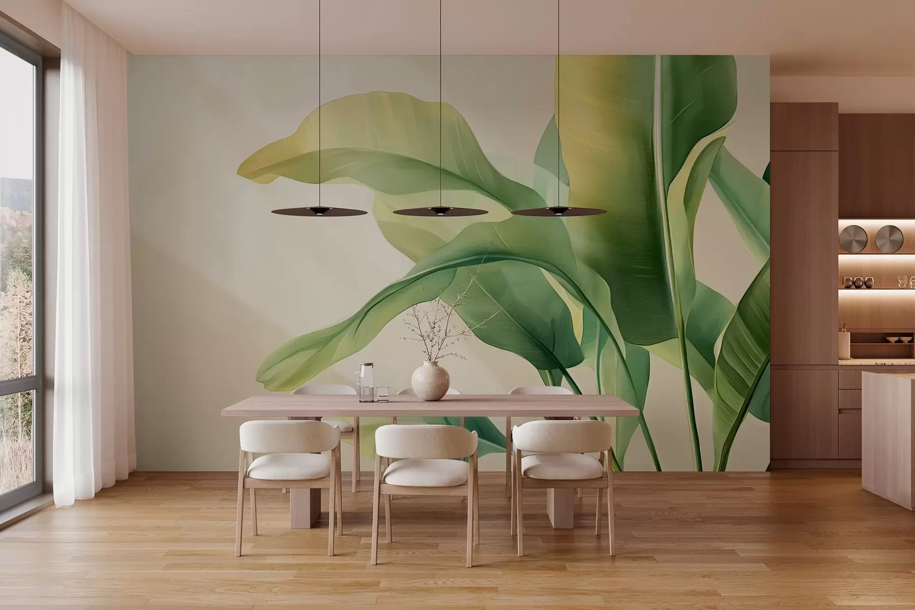 murales de pared grandes hojas tropicales verdes al lado w03959