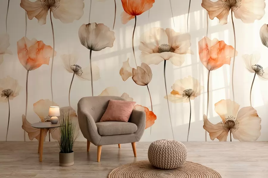 murales de pared amapolas rizadas en estilo acuarela w04031