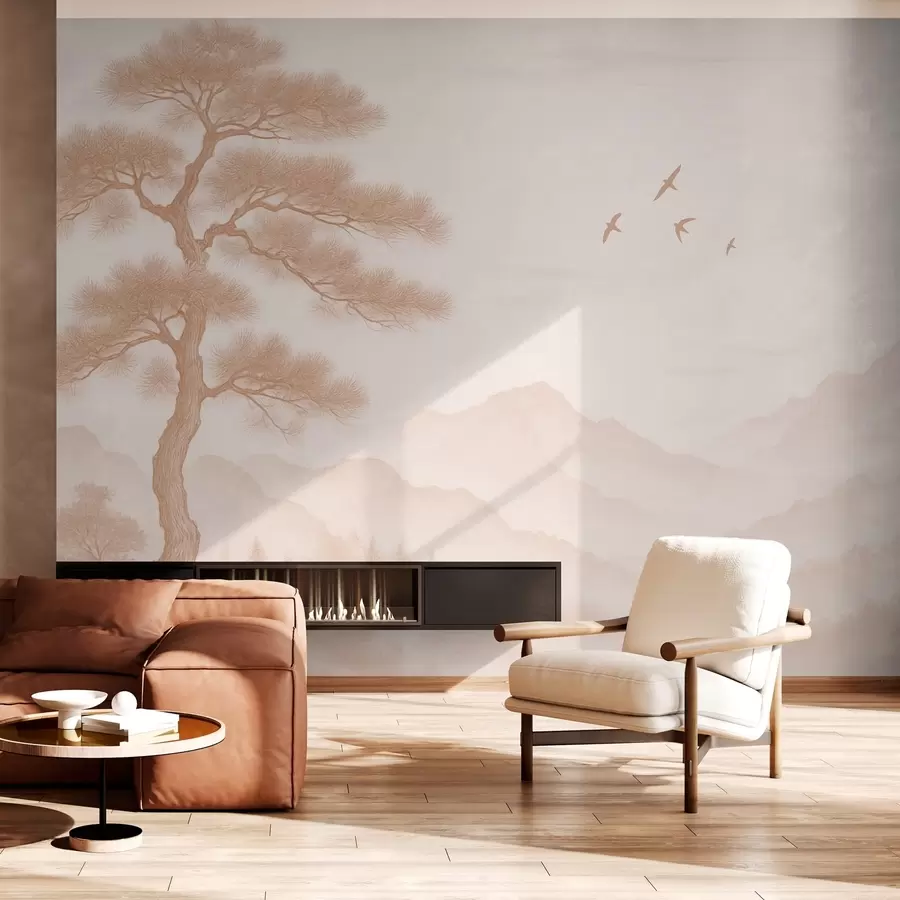 Murales de pared panorama de colinas con un gran árbol en tonos moca w04033v1 murales de pared panorama de colinas con un gran árbol en tonos moca w04033v1