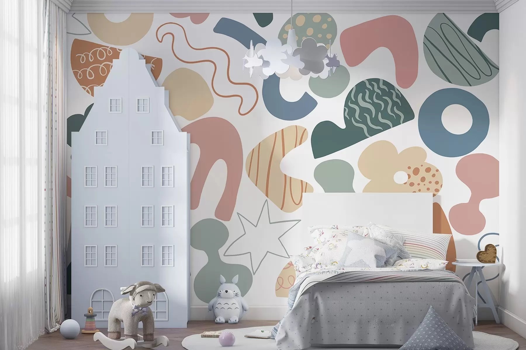 murales de pared Figuras geométricas con garabatos dibujo, juvenil, verde, rosa, azul w04068v2