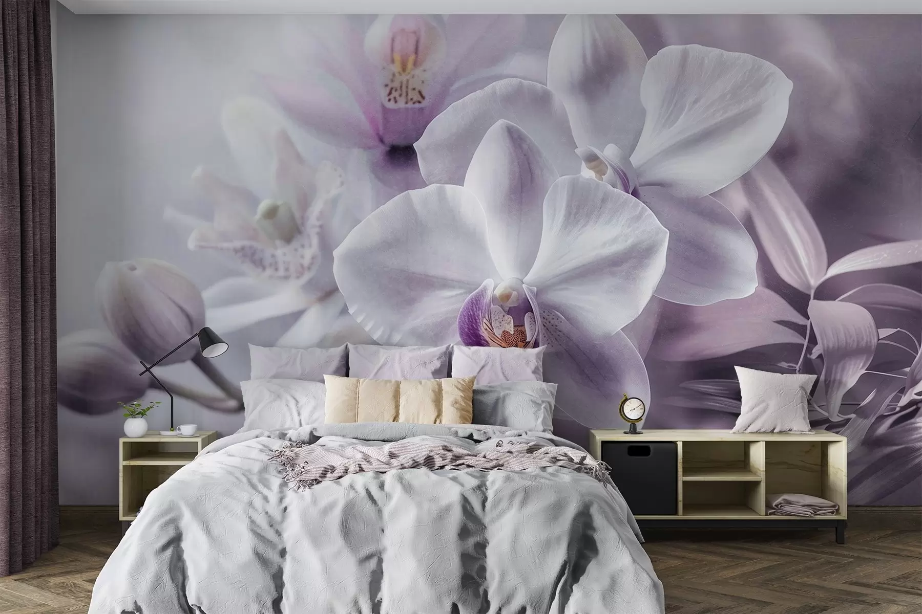 murales de pared Delicadas flores de orquídea blancas y lilas, iluminación suave y fondo difuminado con textura w09155