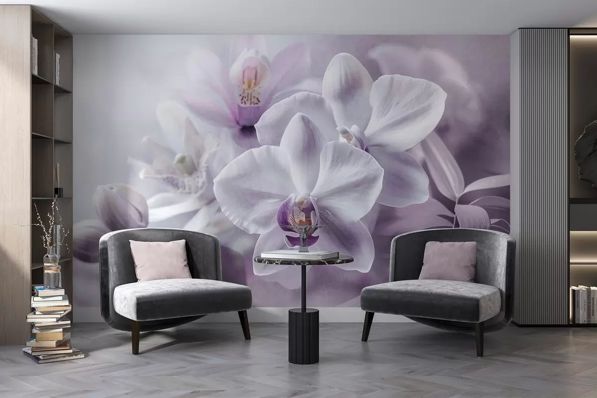 murales de pared Delicadas flores de orquídea blancas y lilas, iluminación suave y fondo difuminado con textura w09155