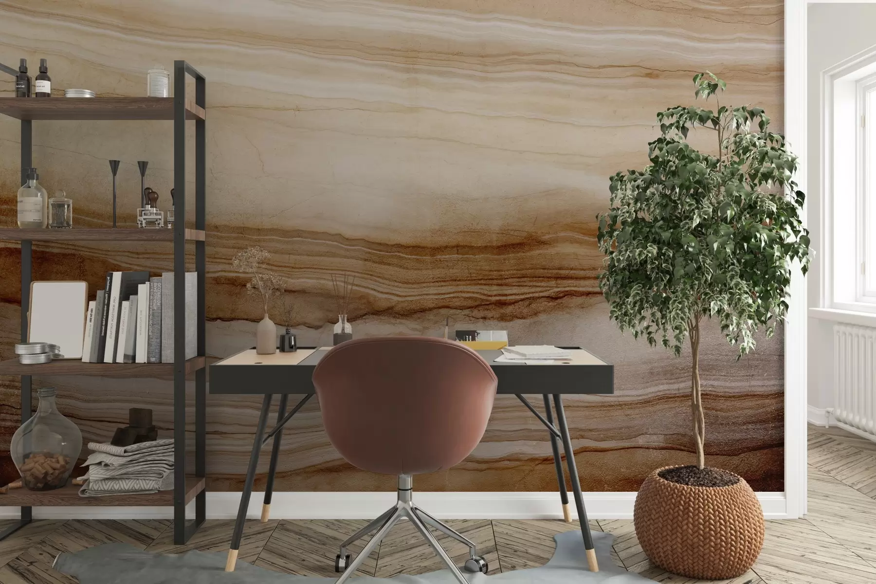 murales de pared Imitación de textura de madera con líneas horizontales, beige y marrón oscuro , estampado natural, tonos tierra suaves w09156