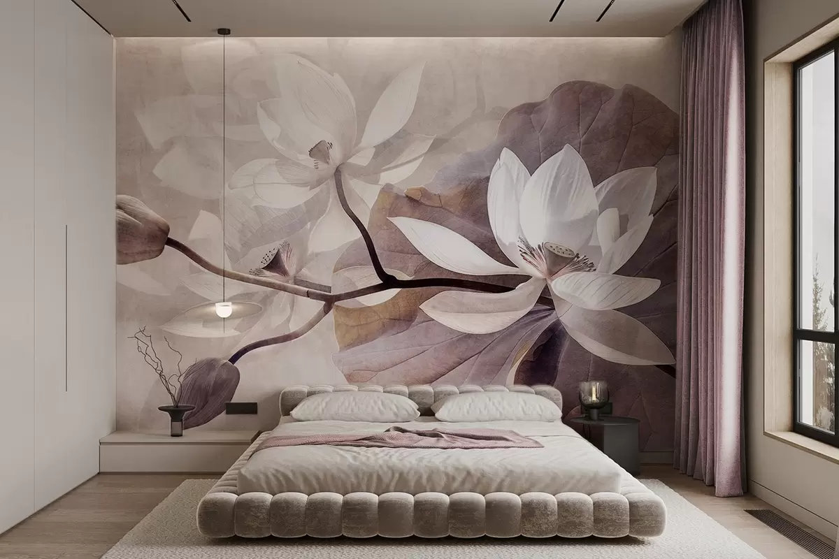 murales de pared Delicadas flores de loto con hojas y tallos en una suave paleta de colores beis w09159