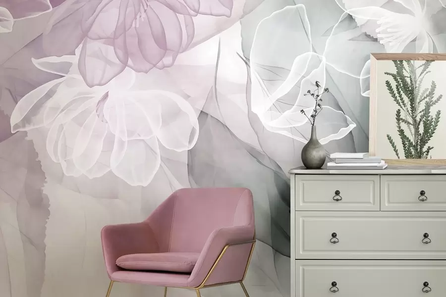 Murales de pared Flores y hojas con pétalos transparentes en tonos blancos, rosas y verdes, suaves y delicados w09158v1 murales de pared Flores y hojas con pétalos transparentes en tonos blancos, rosas y verdes, suaves y delicados w09158v1