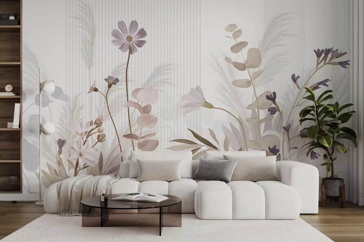 murales de pared Flores en colores pastel, hojas marrón claro, fondo blanco con líneas verticales, elegante y minimalista w09161