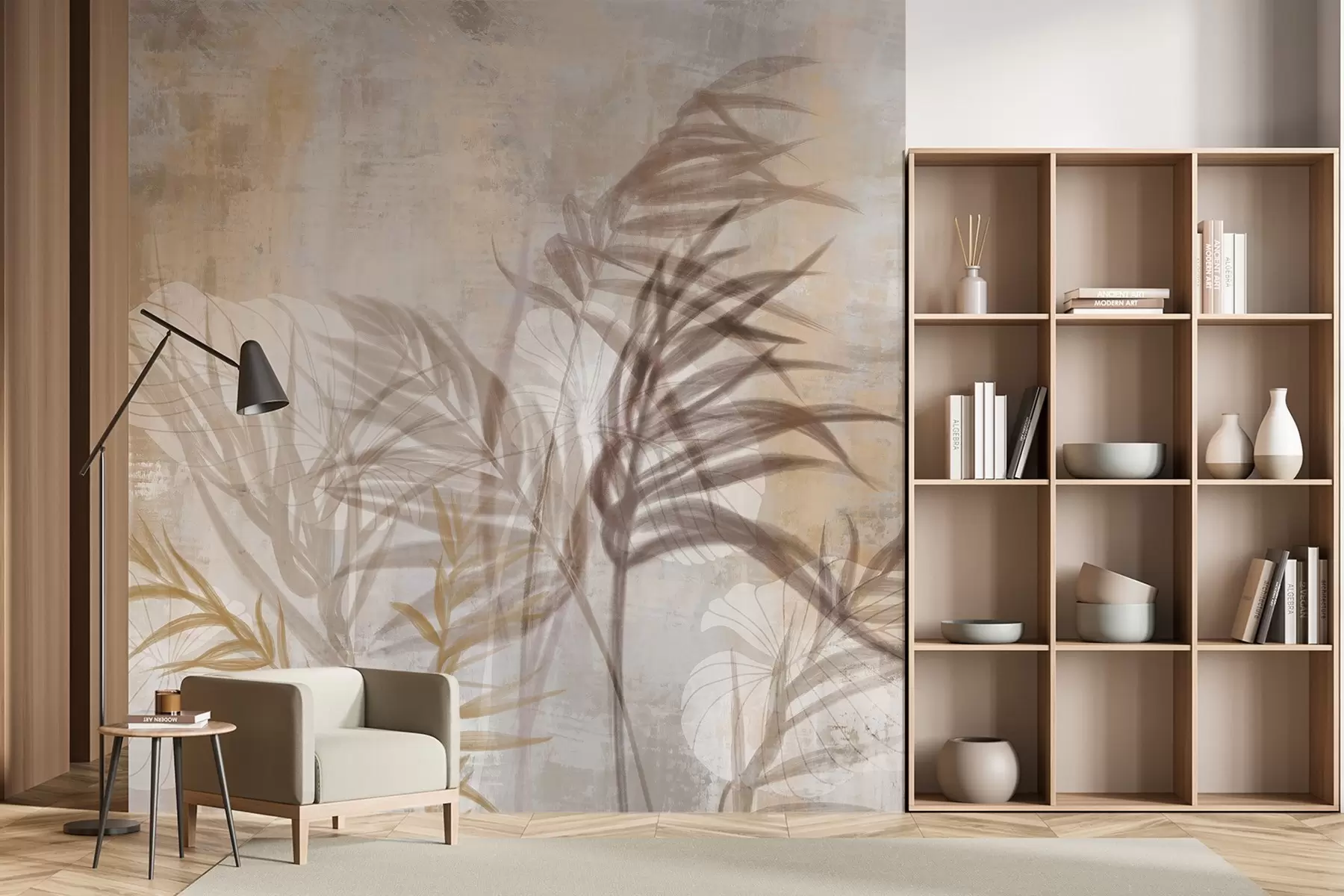 murales de pared Ilustración botánica beige y marrón de hierba de la pampa, texturas suaves y una composición minimalista w09162