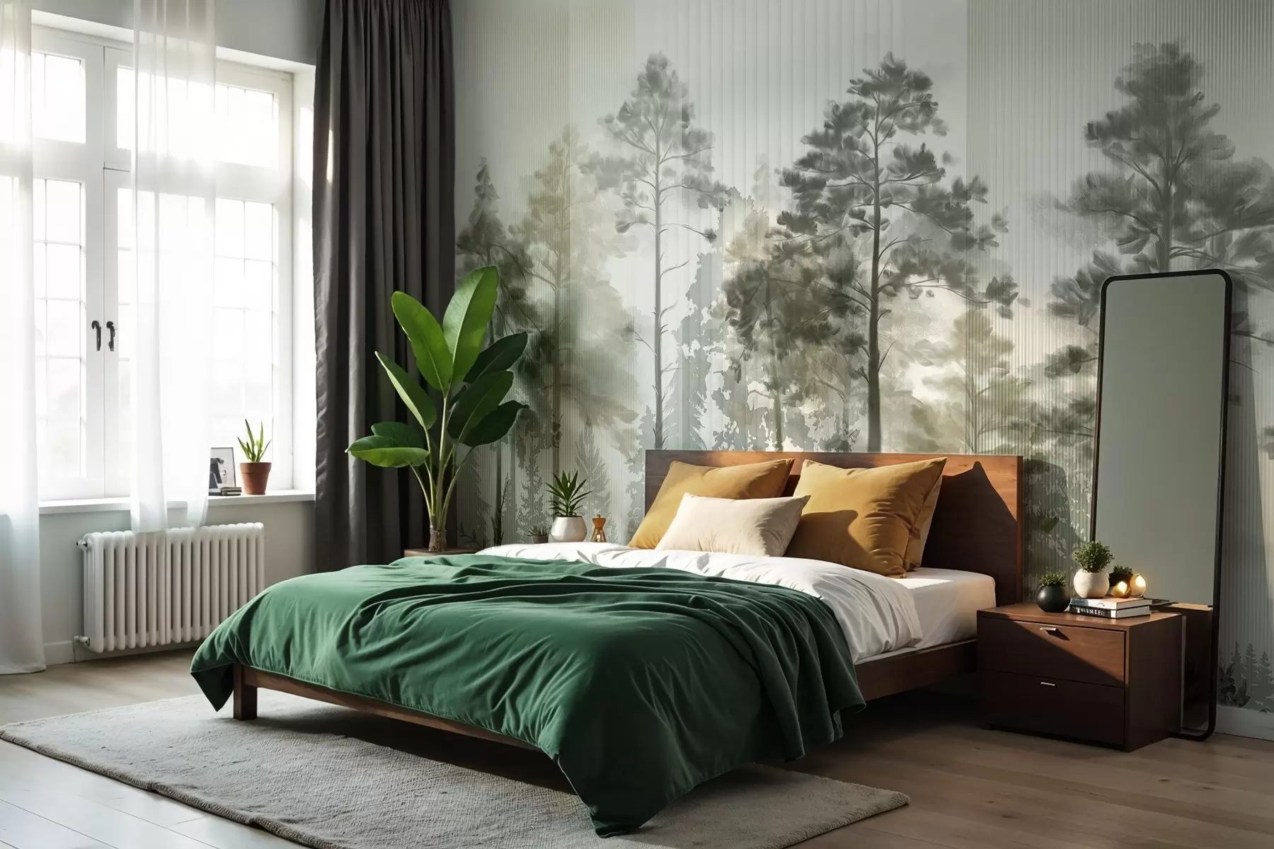 murales de pared Un denso bosque con altos pinos, exuberante follaje verde, una atmósfera brumosa con texturas de líneas verticales w09163