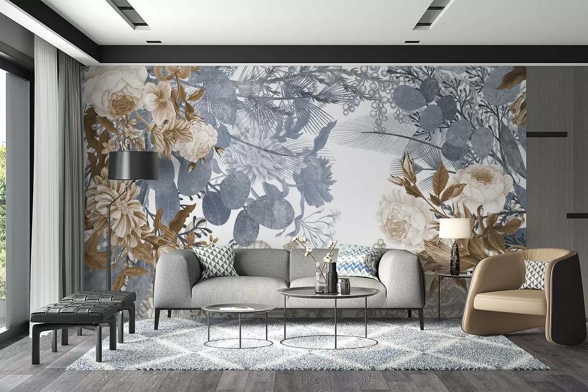 Murales de pared Arreglo floral vintage con rosas, eucalipto y mimosa en tonos azules y marrones w09164 murales de pared Arreglo floral vintage con rosas, eucalipto y mimosa en tonos azules y marrones w09164