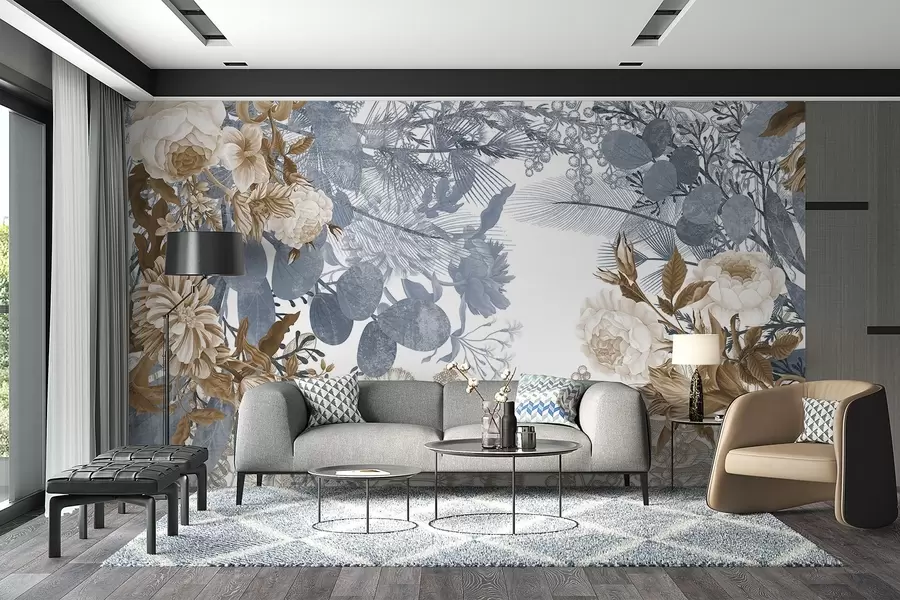 Murales de pared Arreglo floral vintage con rosas, eucalipto y mimosa en tonos azules y marrones w09164 murales de pared Arreglo floral vintage con rosas, eucalipto y mimosa en tonos azules y marrones w09164