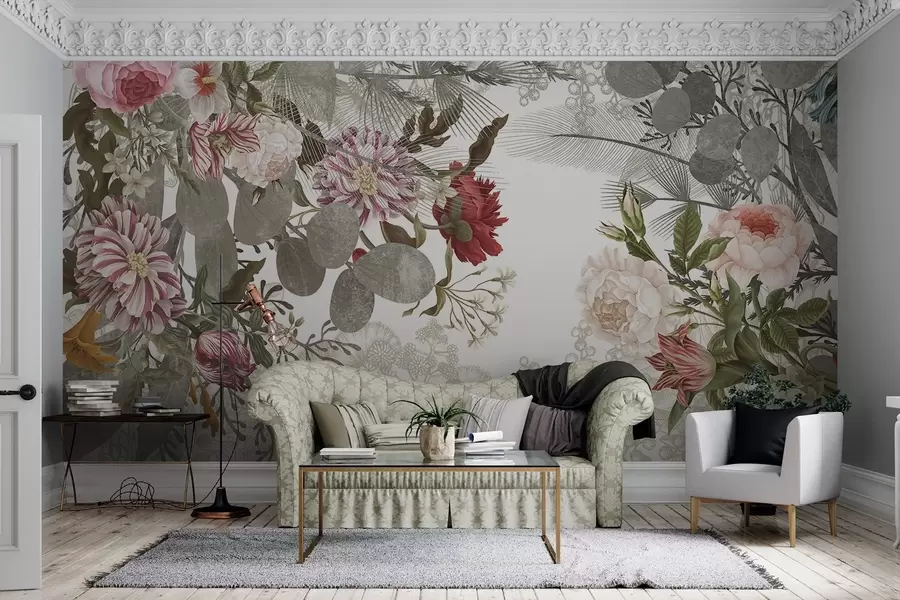 Murales de pared Arreglo floral vintage con rosas, eucalipto y mimosa en tonos verde apagado, rojo y rosa w09164v1 murales de pared Arreglo floral vintage con rosas, eucalipto y mimosa en tonos verde apagado, rojo y rosa w09164v1