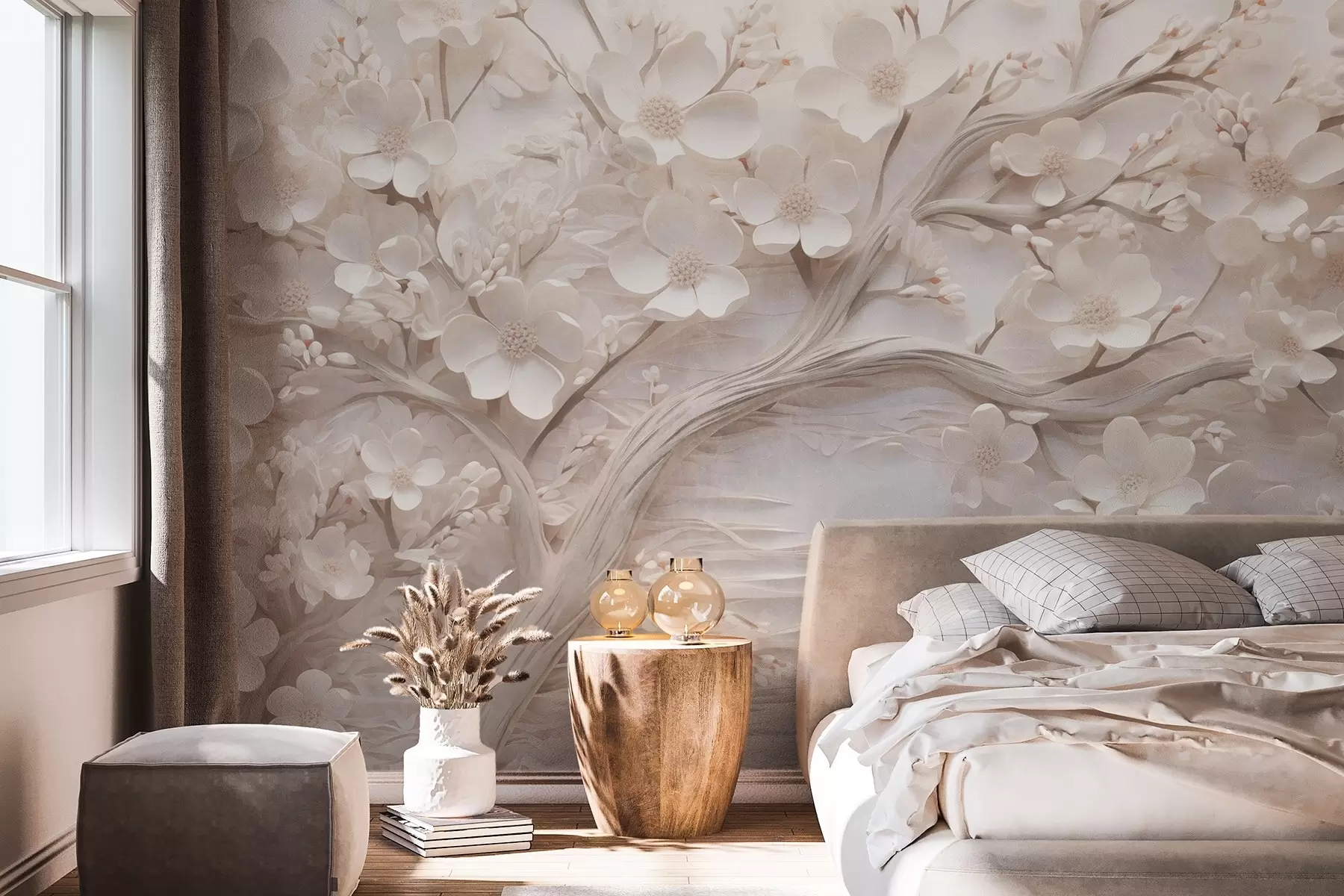 murales de pared Árbol texturizado con flores blancas y tronco marrón, el fondo es blanco con líneas horizontales iluminación suave w09166