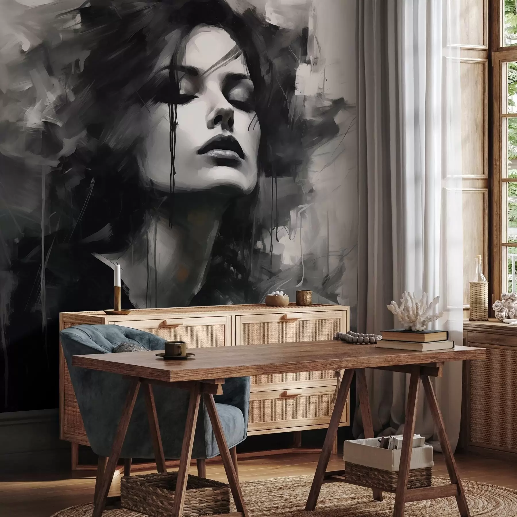 Murales de pared Retrato de una mujer vestida de gris y negro w04049 murales de pared Retrato de una mujer vestida de gris y negro w04049
