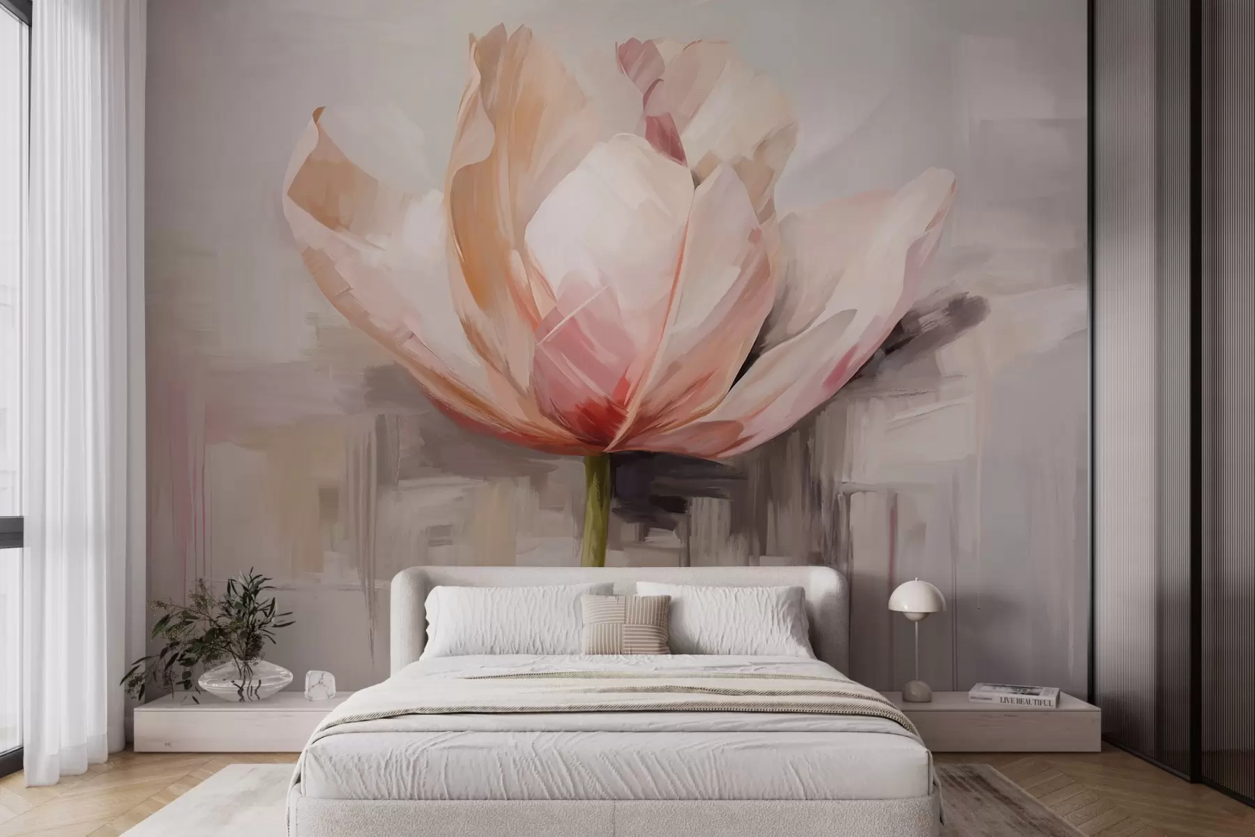 murales de pared Tulipán rosa, imitación de pintura al óleo con suaves pinceladas, fondo abstracto con tonos pastel de gris y beige w09187