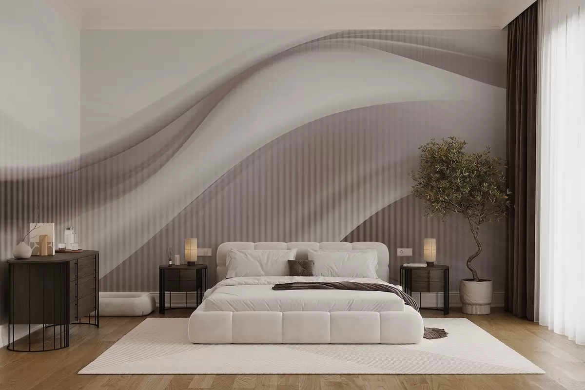 murales de pared Estampado abstracto con líneas fluidas y sutiles rayas verticales, que crean una sensación de movimiento y profundidad, paleta beige w09189