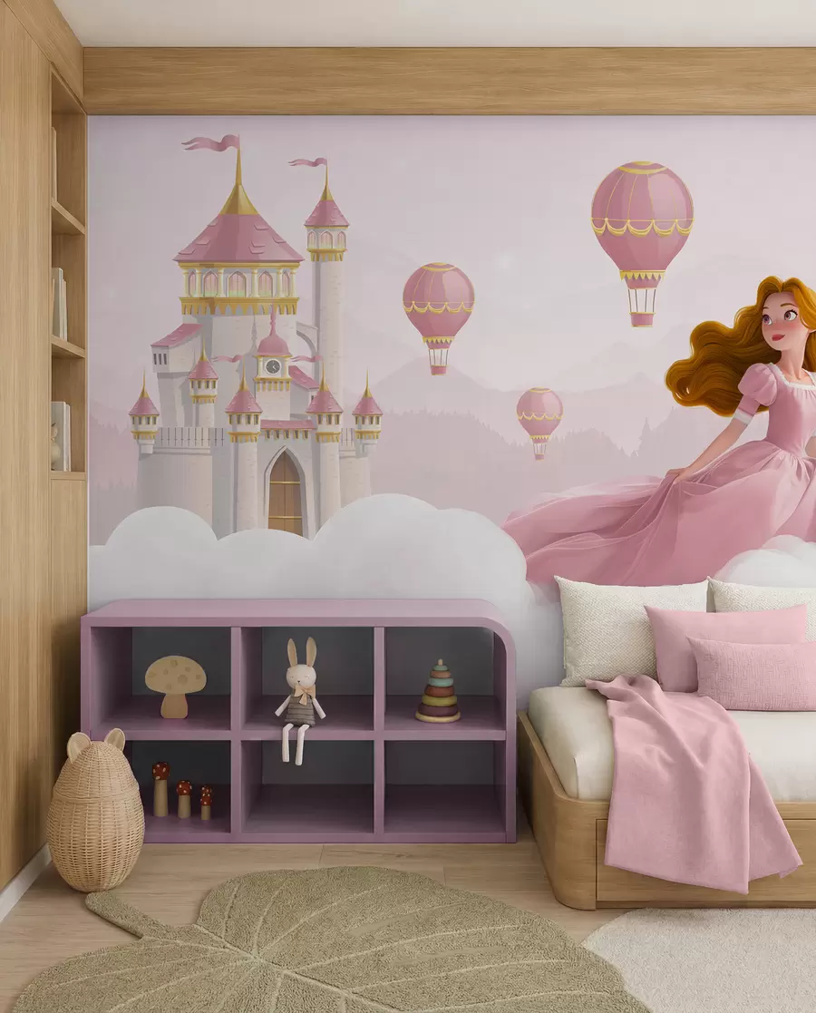 murales de pared Princesa entre las nubes sobre el fondo del paisaje con el castillo w04015v1