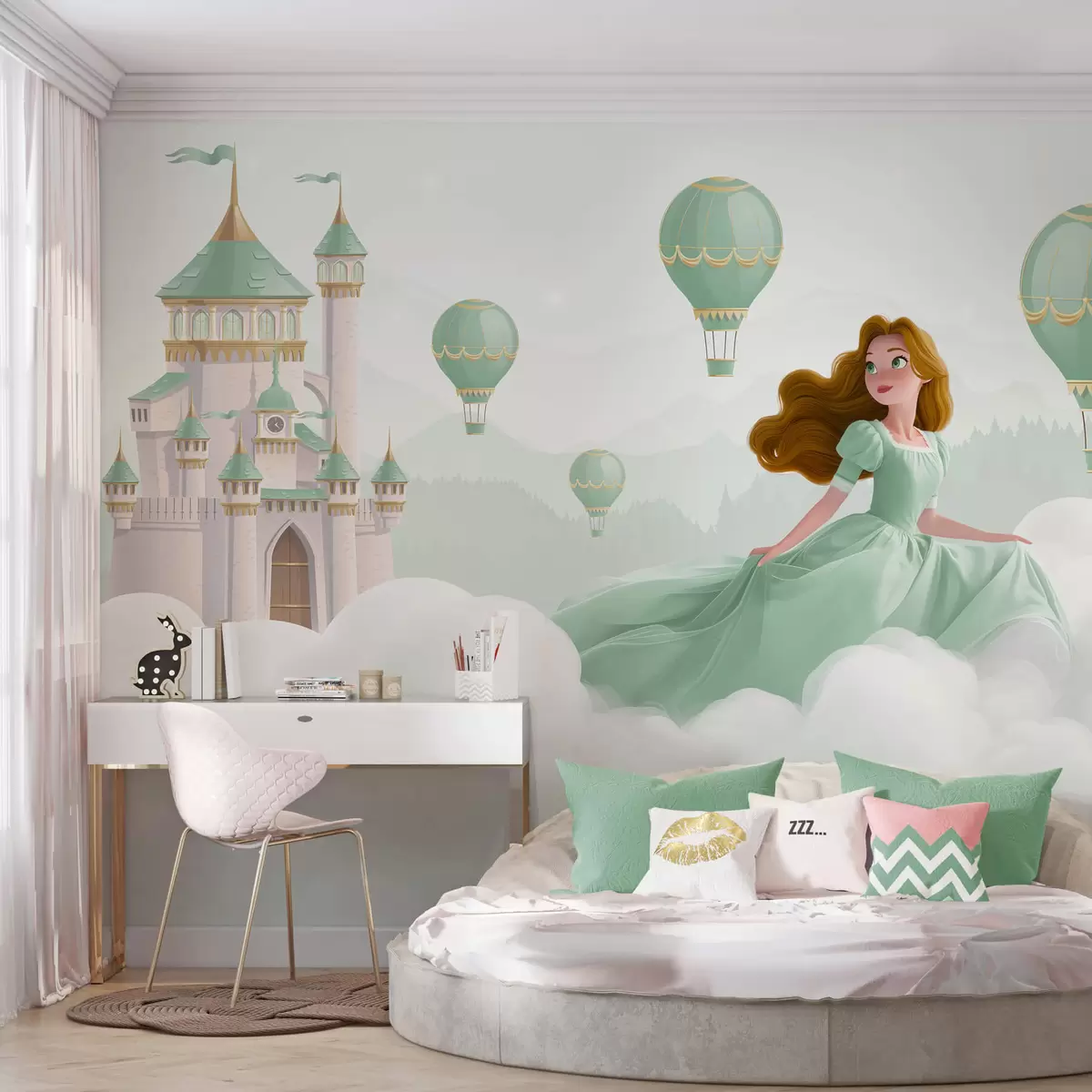 murales de pared Princesa entre las nubes sobre el fondo del paisaje con el castillo w04015v2