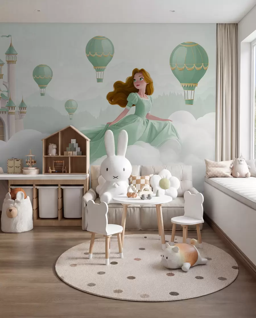 murales de pared Princesa entre las nubes sobre el fondo del paisaje con el castillo w04015v2
