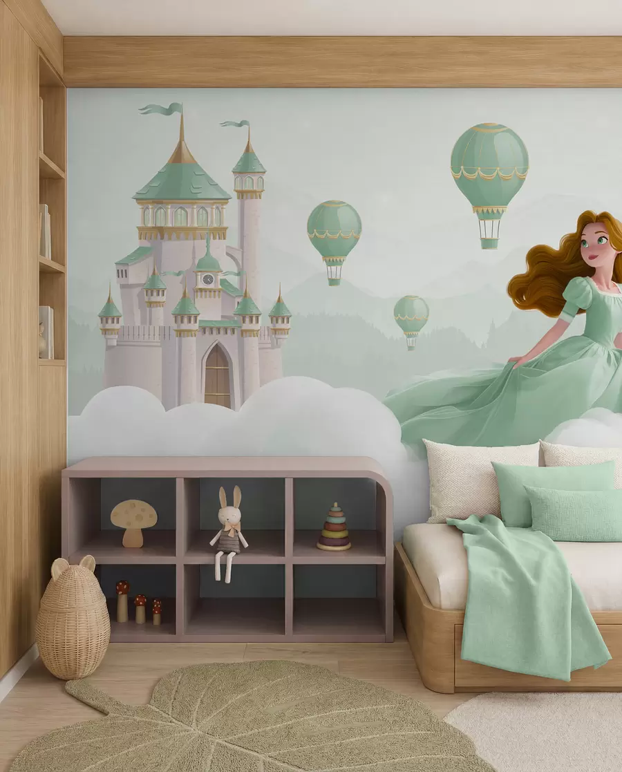 murales de pared Princesa entre las nubes sobre el fondo del paisaje con el castillo w04015v2
