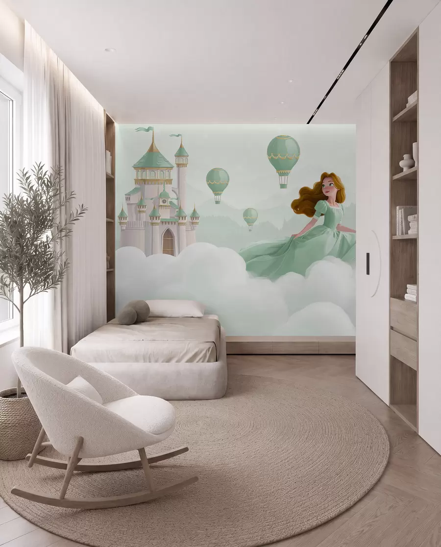 murales de pared Princesa entre las nubes sobre el fondo del paisaje con el castillo w04015v2