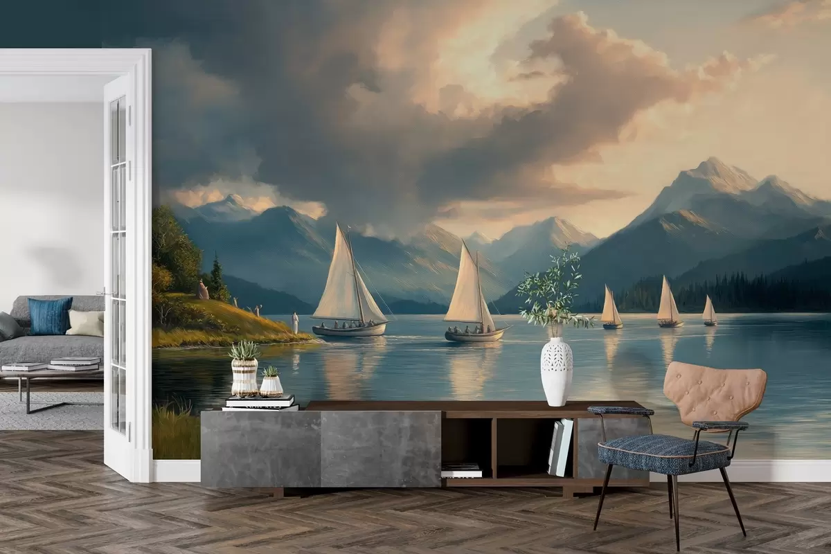murales de pared regata en un lago con cielo nublado al estilo de un óleo del siglo XIX w04076