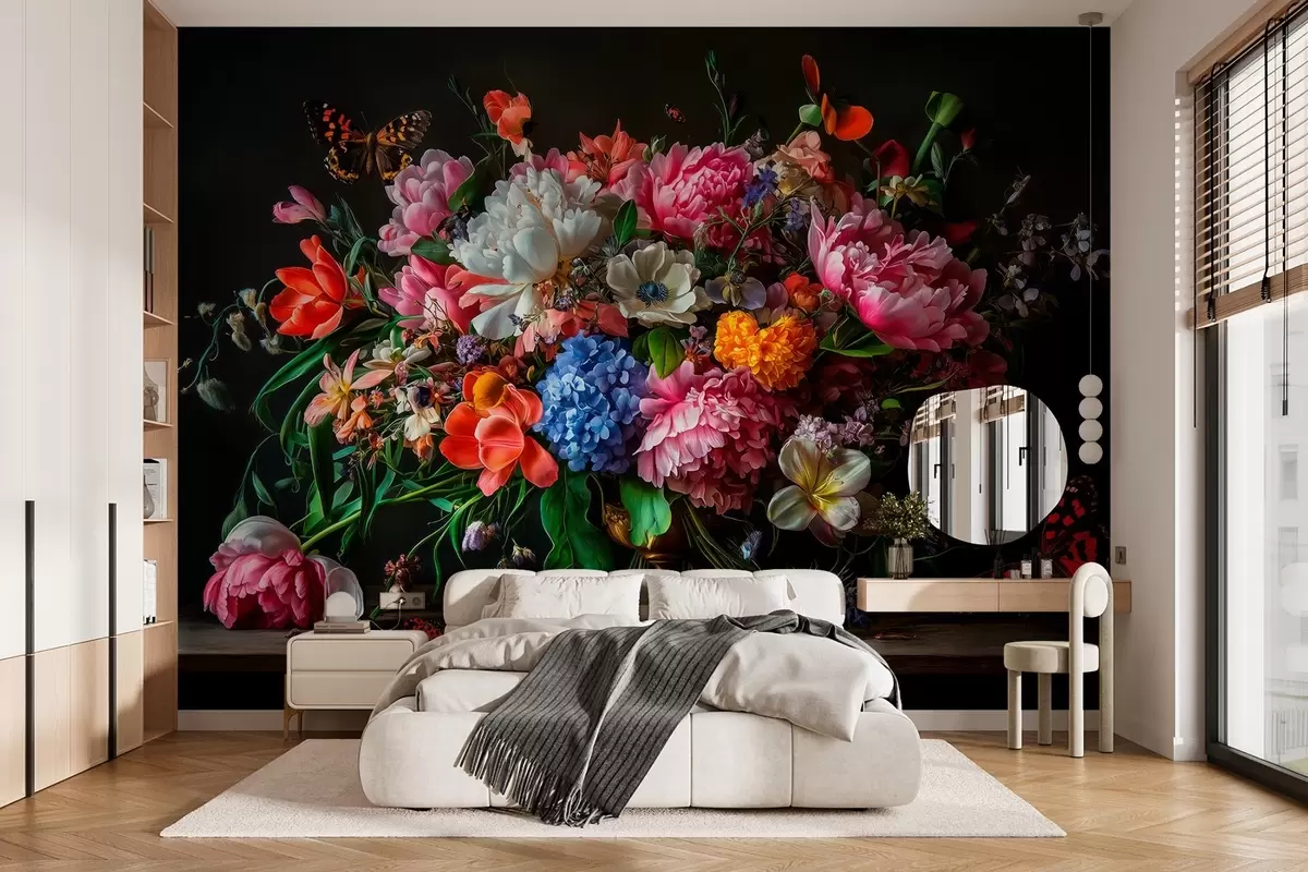 murales de pared ramo al estilo de la pintura al óleo holandesa del siglo XVII con una lujosa composición floral. w04078