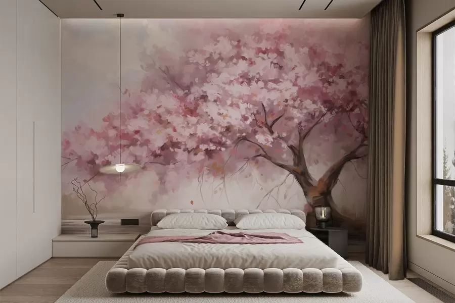 murales de pared Abstracto árbol en flor rosa en plena floración, junto a un río, pinceladas de textura suave y colores pastel w09193