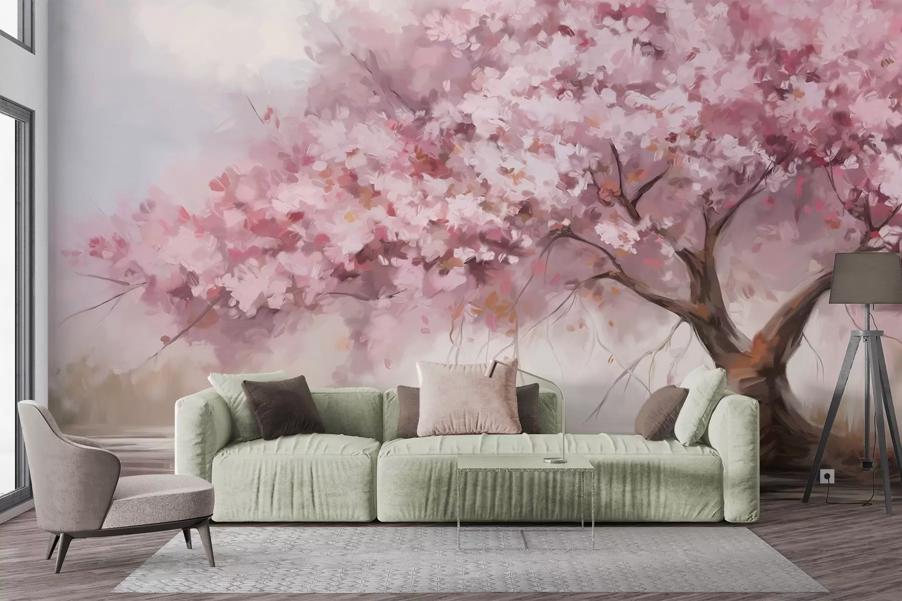 murales de pared Abstracto árbol en flor rosa en plena floración, junto a un río, pinceladas de textura suave y colores pastel w09193