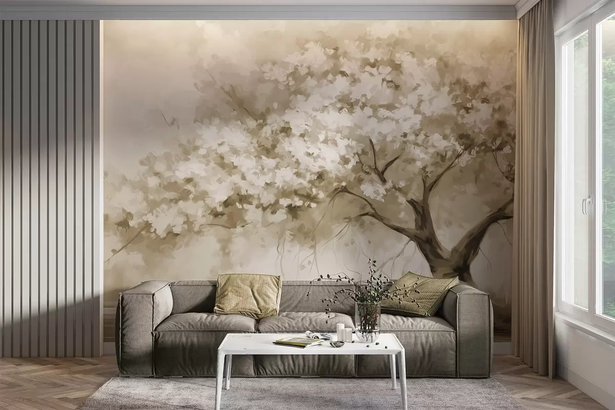 Murales de pared Árbol abstracto de flores beige en plena floración, junto a un río, pinceladas de textura suave y colores pastel w09193v1 murales de pared Árbol abstracto de flores beige en plena floración, junto a un río, pinceladas de textura suave y colores pastel w09193v1