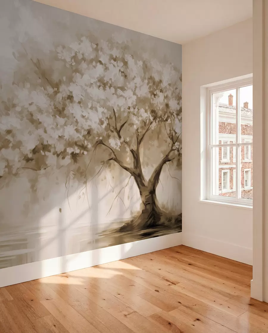 murales de pared Árbol abstracto de flores beige en plena floración, junto a un río, pinceladas de textura suave y colores pastel w09193v1