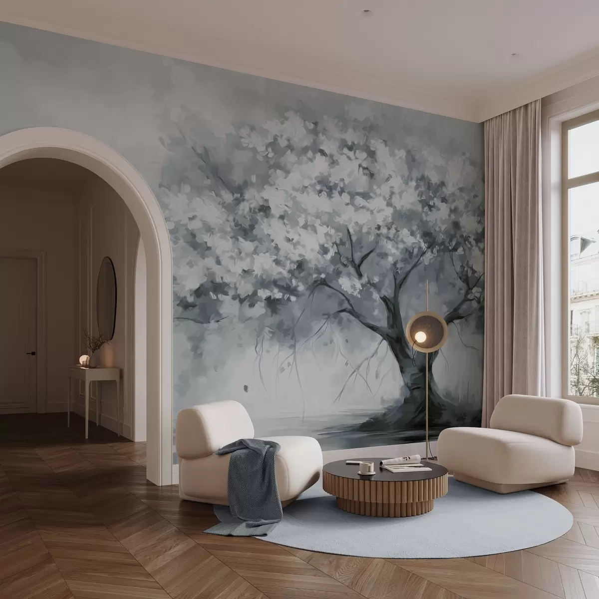 Murales de pared Abstracto árbol en flor azul apagado en plena floración, junto a un río, pinceladas de textura suave y colores pastel w09193v2 murales de pared Abstracto árbol en flor azul apagado en plena floración, junto a un río, pinceladas de textura suave y colores pastel w09193v2