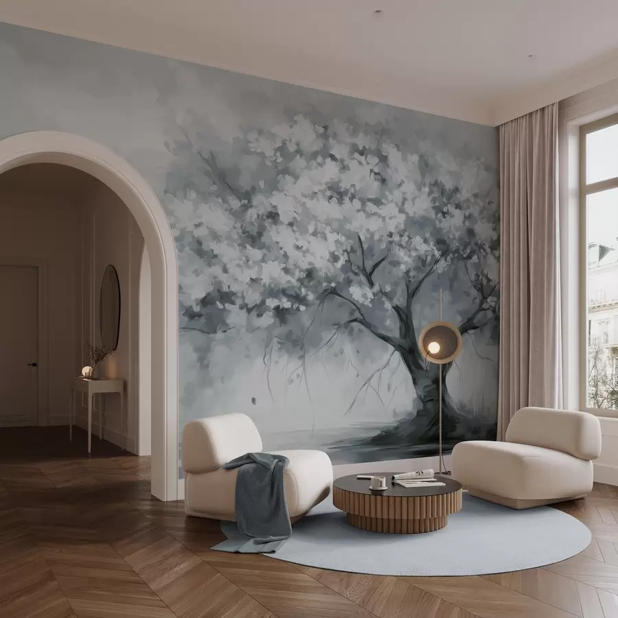 Murales de pared Abstracto árbol en flor azul apagado en plena floración, junto a un río, pinceladas de textura suave y colores pastel w09193v2 murales de pared Abstracto árbol en flor azul apagado en plena floración, junto a un río, pinceladas de textura suave y colores pastel w09193v2