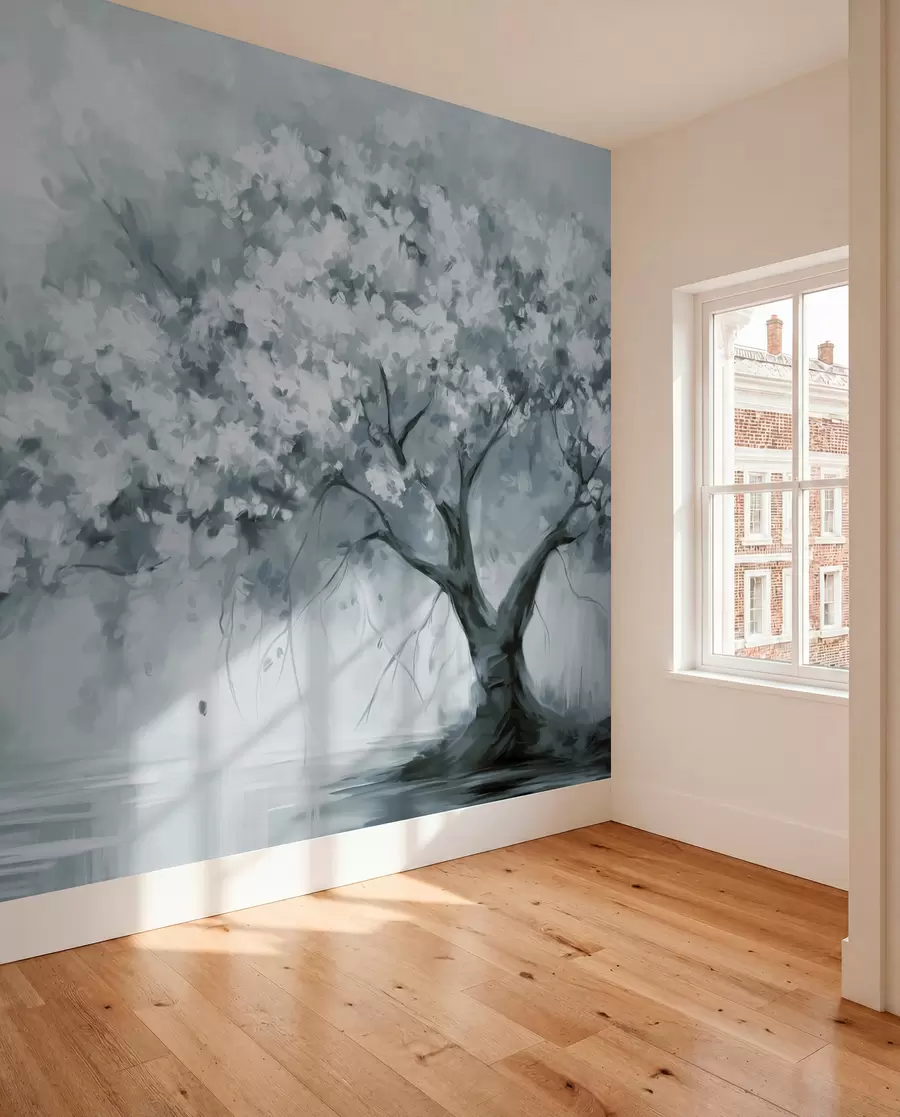 murales de pared Abstracto árbol en flor azul apagado en plena floración, junto a un río, pinceladas de textura suave y colores pastel w09193v2