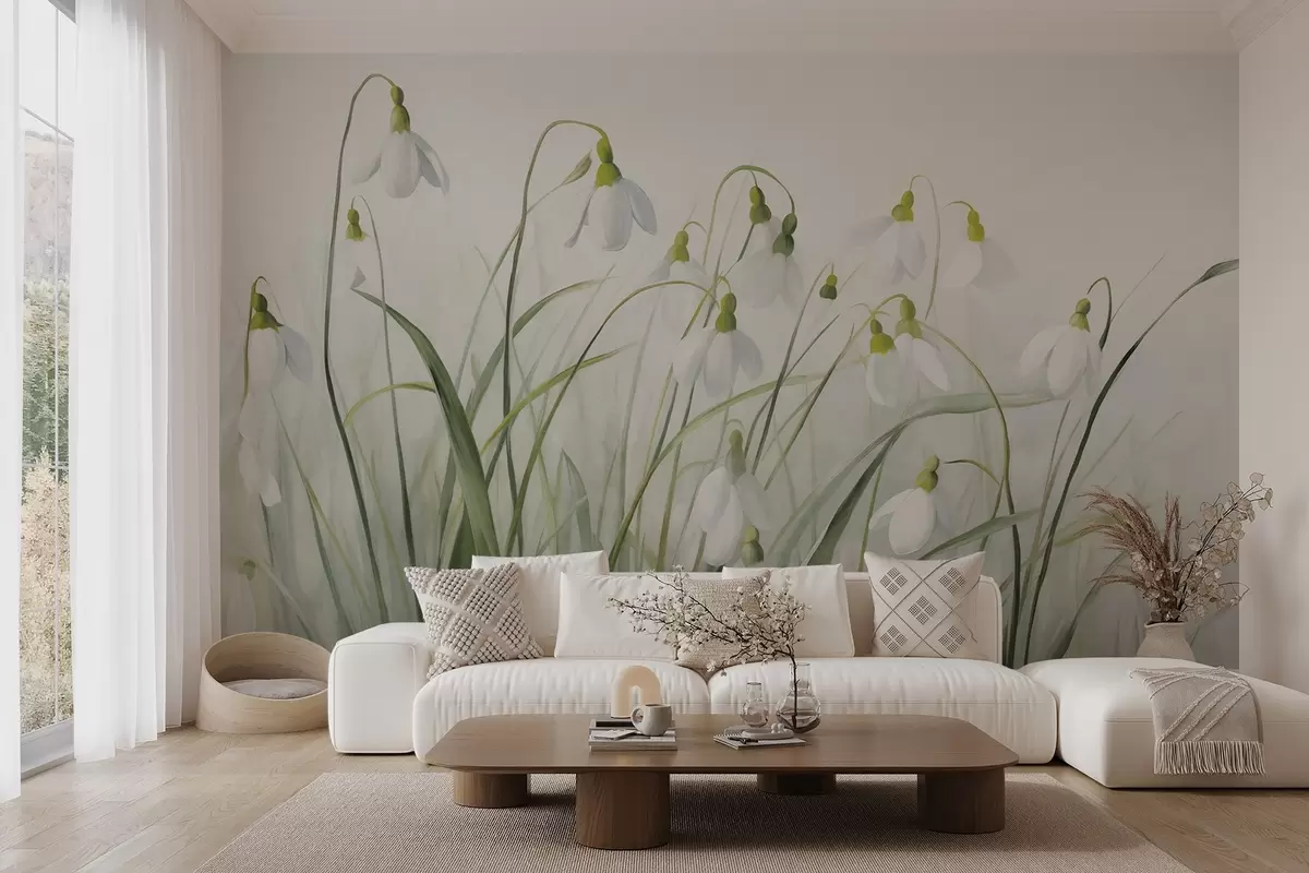 murales de pared Flores de campanillas de invierno con tallos y hojas de textura verde, estilo acuarela primaveral, pinceladas delicadas w09195