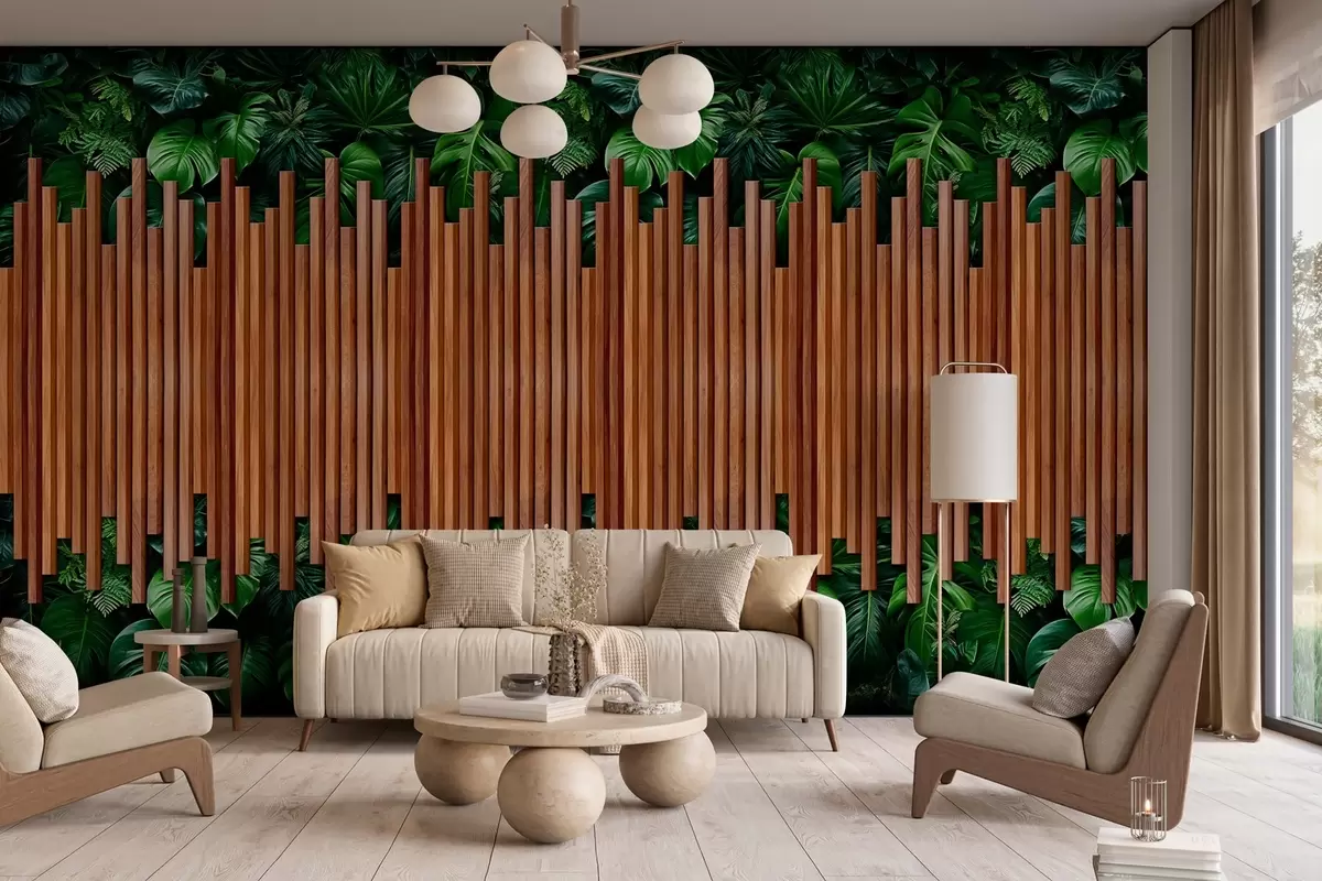 murales de pared Imitación de paneles de madera y pared verde w04138