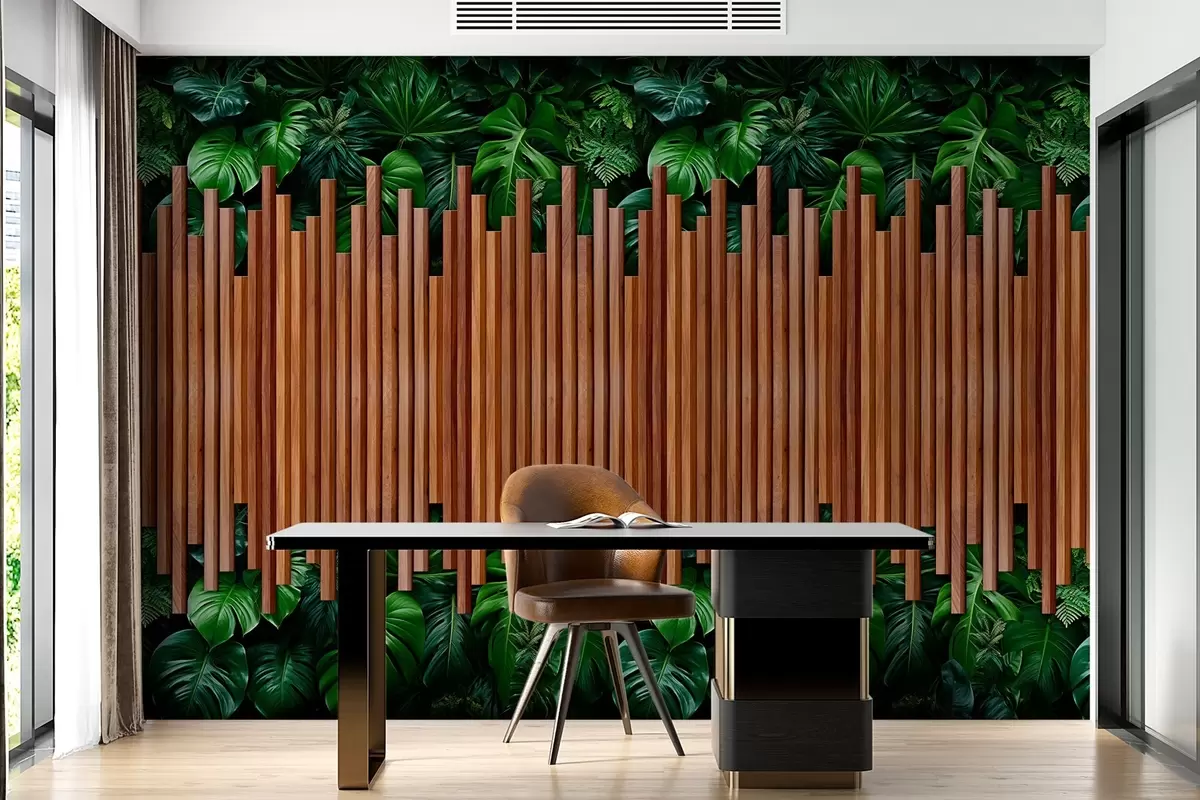 murales de pared Imitación de paneles de madera y pared verde w04138