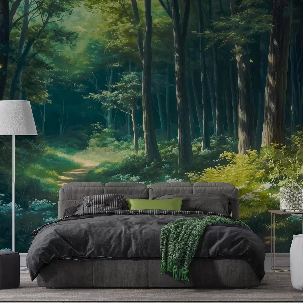 murales de pared Bosque verde con suave luz solar, árboles y flores blancas, dibujo al óleo w04118