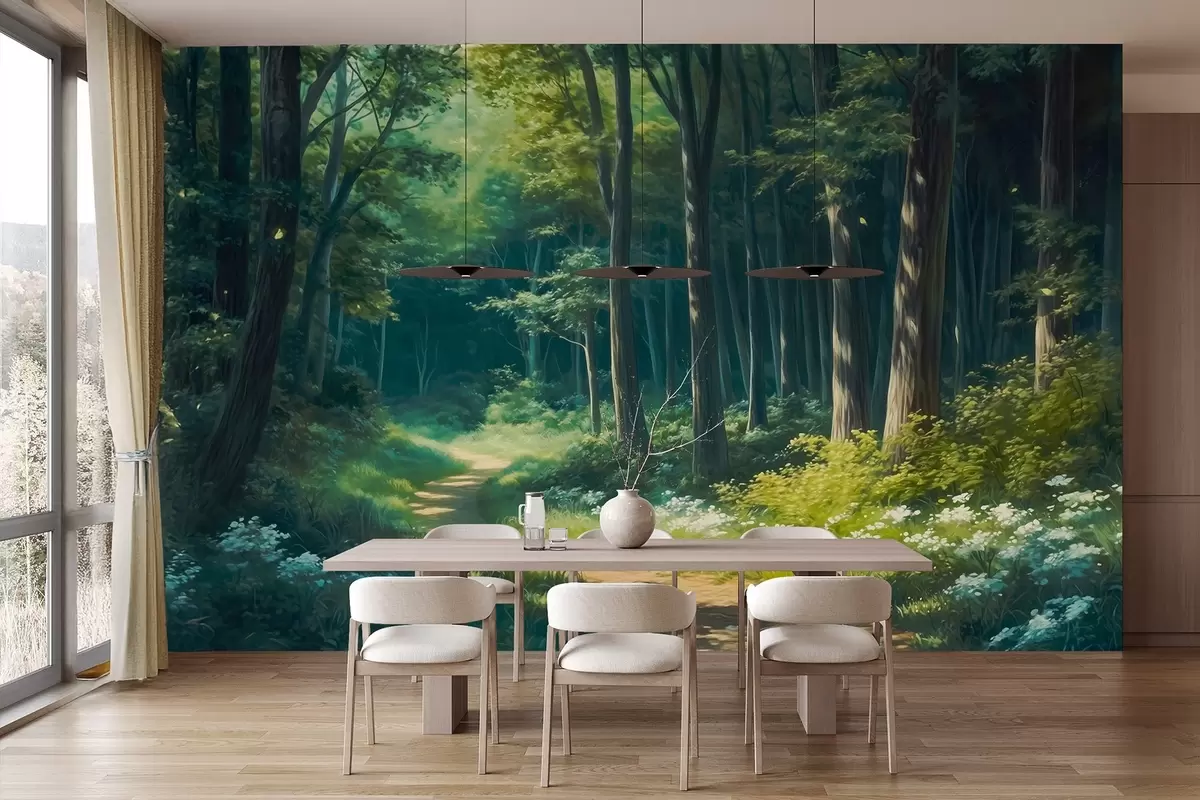 Murales de pared Bosque verde con suave luz solar, árboles y flores blancas, dibujo al óleo w04118 murales de pared Bosque verde con suave luz solar, árboles y flores blancas, dibujo al óleo w04118