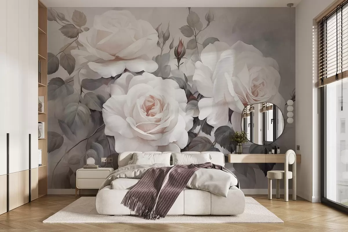 murales de pared Rosas blancas texturizadas con hojas y tallos, suaves colores pastel apagados, elegante estilo vintage , delicadas pinceladas w09198