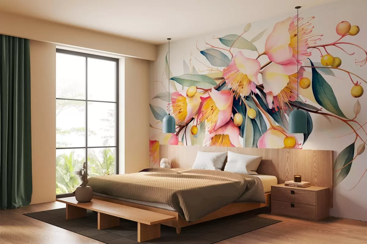 murales de pared Flores de eucalipto con hojas verdes, estilo acuarela, suave y con textura, fondo claro, diseño floral botánico w09202