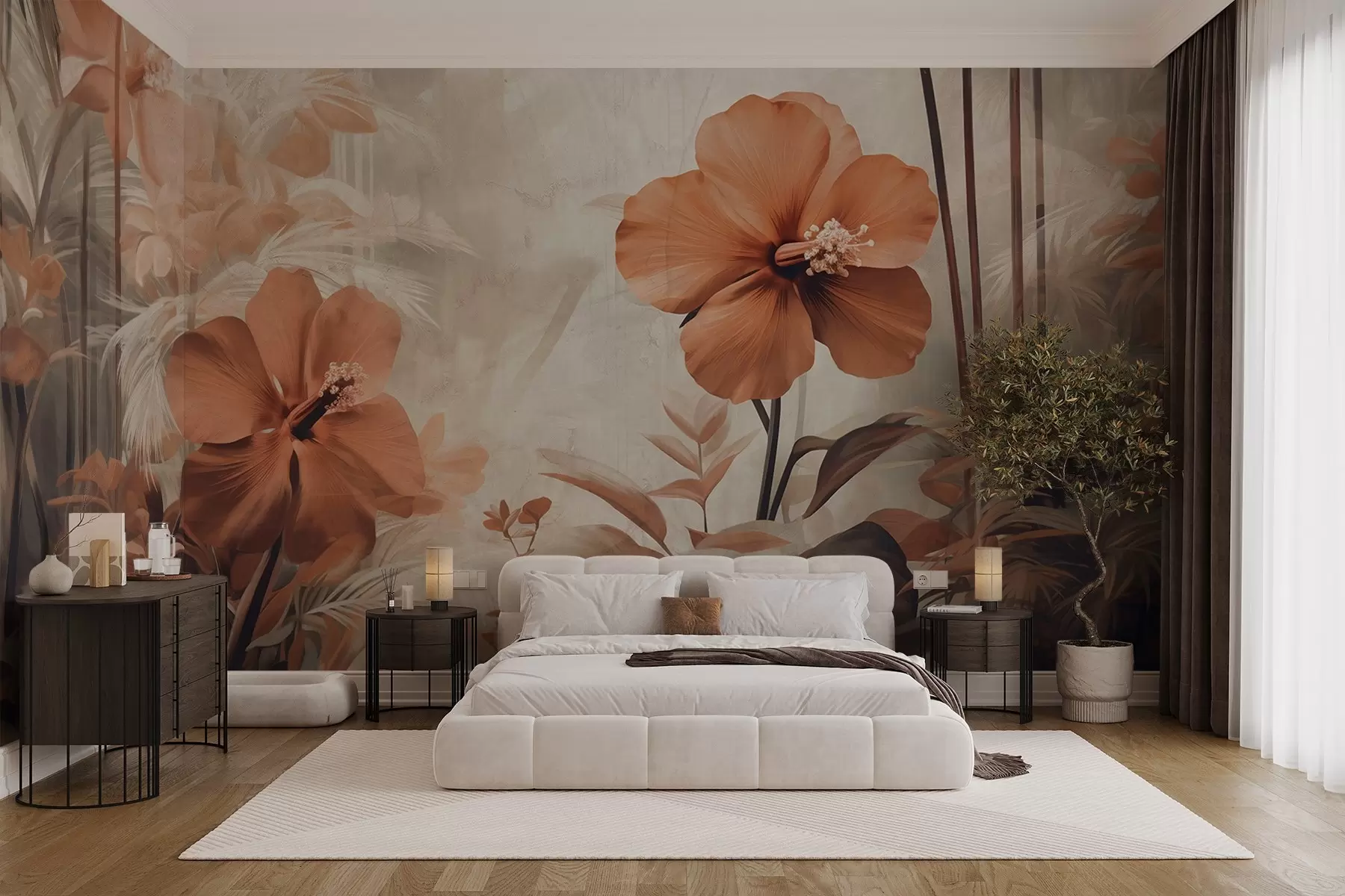 murales de pared Flores de hibisco rojo pastel con hojas y tallos, vegetación tropical, colores suaves y apagados, estilo vintage w09203