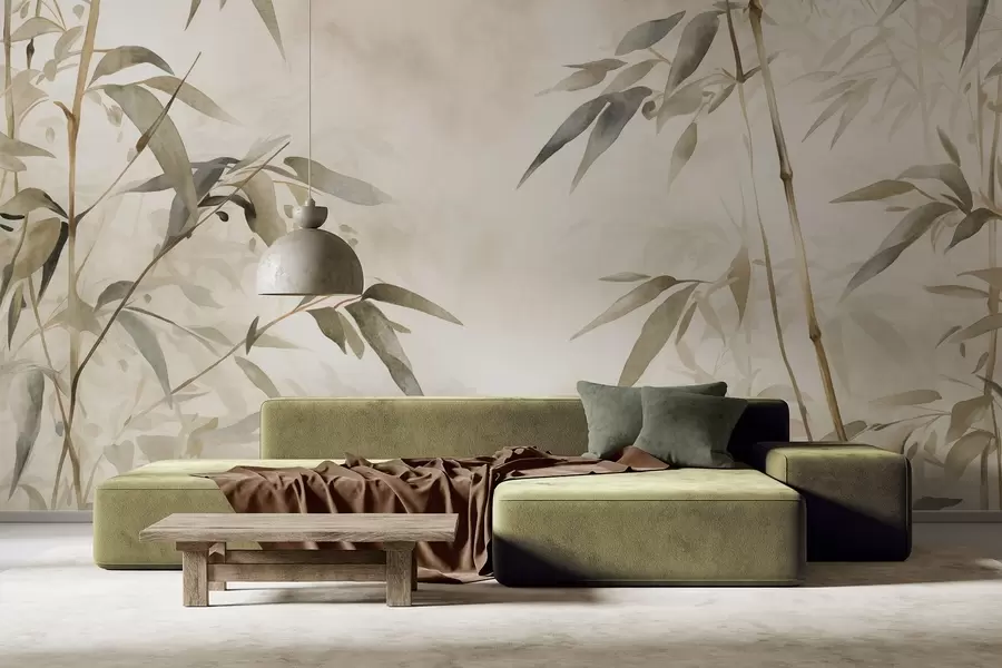 murales de pared Ramas con textura de bambú y hojas en estilo acuarela, suave paleta de colores neutros, fondo beige claro w09204