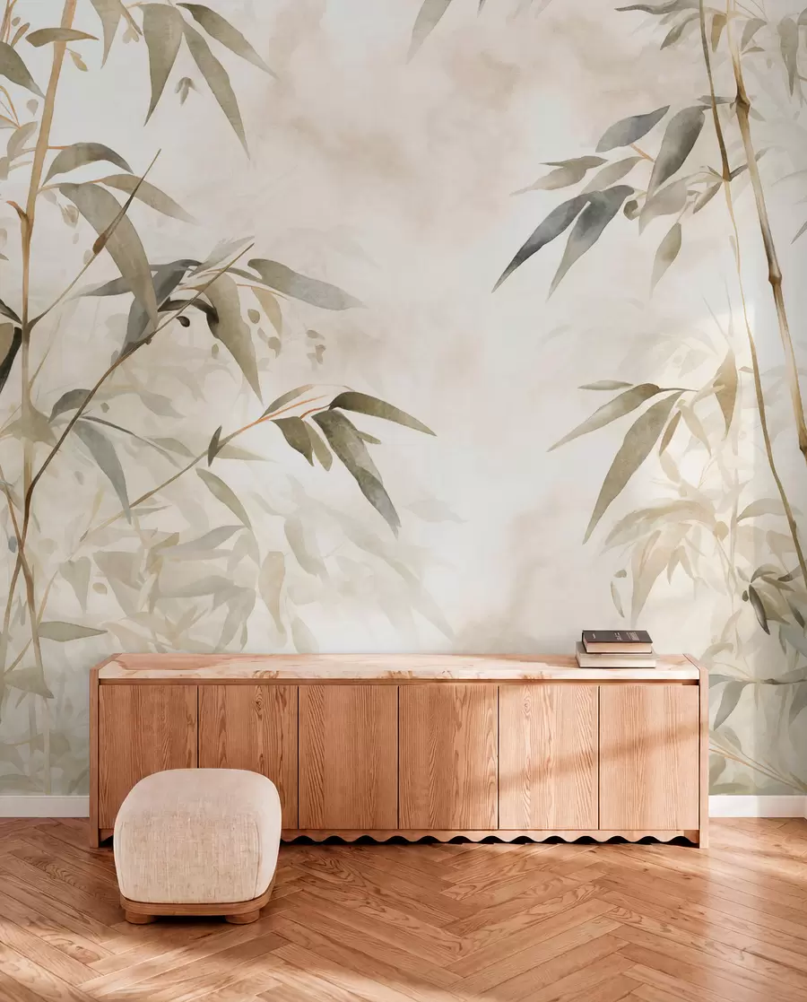 murales de pared Ramas con textura de bambú y hojas en estilo acuarela, suave paleta de colores neutros, fondo beige claro w09204